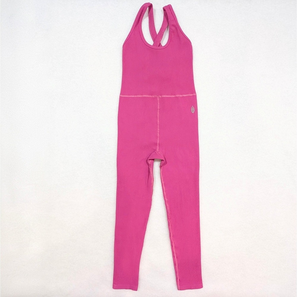 Free People Movement Free Throw Jumpsuit Hot Pink Ribbed Bodysuit Dopamine M